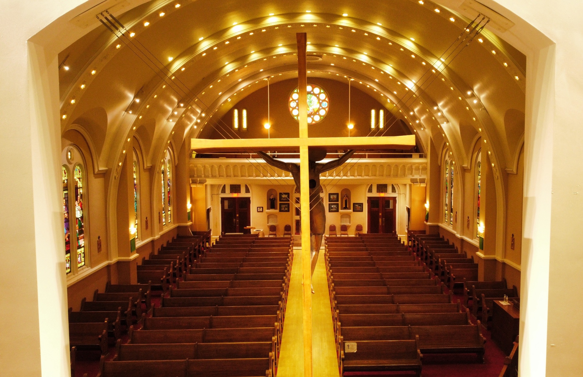 Suspended crucifix above the nave at St. Bernardine Church